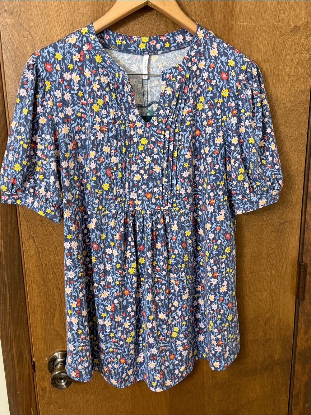 Anyally Women's XL Blue Floral Pintuck Short Sleeve Blouse NWT